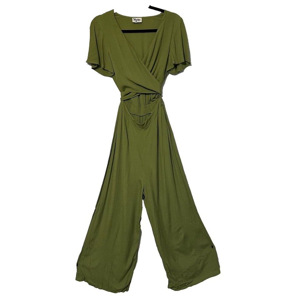 Show Me Your Mumu Jumpsuit Women's Small Olive green Tie Front Bell leg